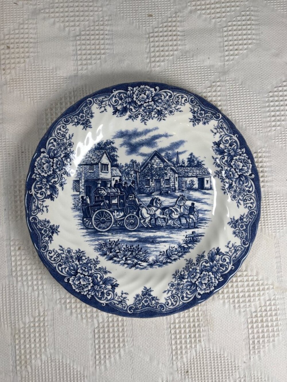 Royal Stafford Blue & White Fine Earthenware Plate w Coach Scene Made In England